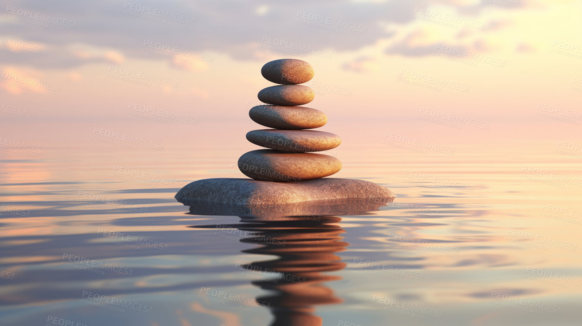 Buy stock photo Stacked zen stones, meditation and concentration for mindfulness practise and peace. Wallpaper, background and balance with copy-space for mind, body and soul. Rocks on water or ocean at sunset