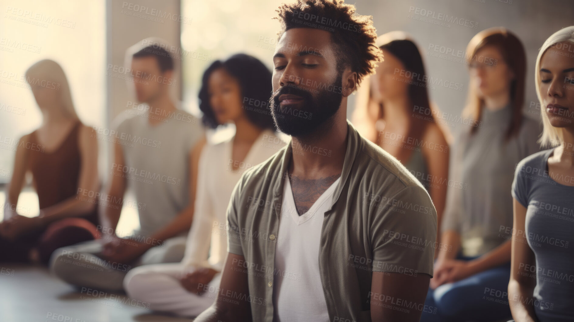 Buy stock photo Group, diverse and meditation in a studio for mindfulness practise and spirituality. People sitting, deep breathing and religion for mental health, burnout, zen, calm and stress free lifestyle. Mind, body, soul