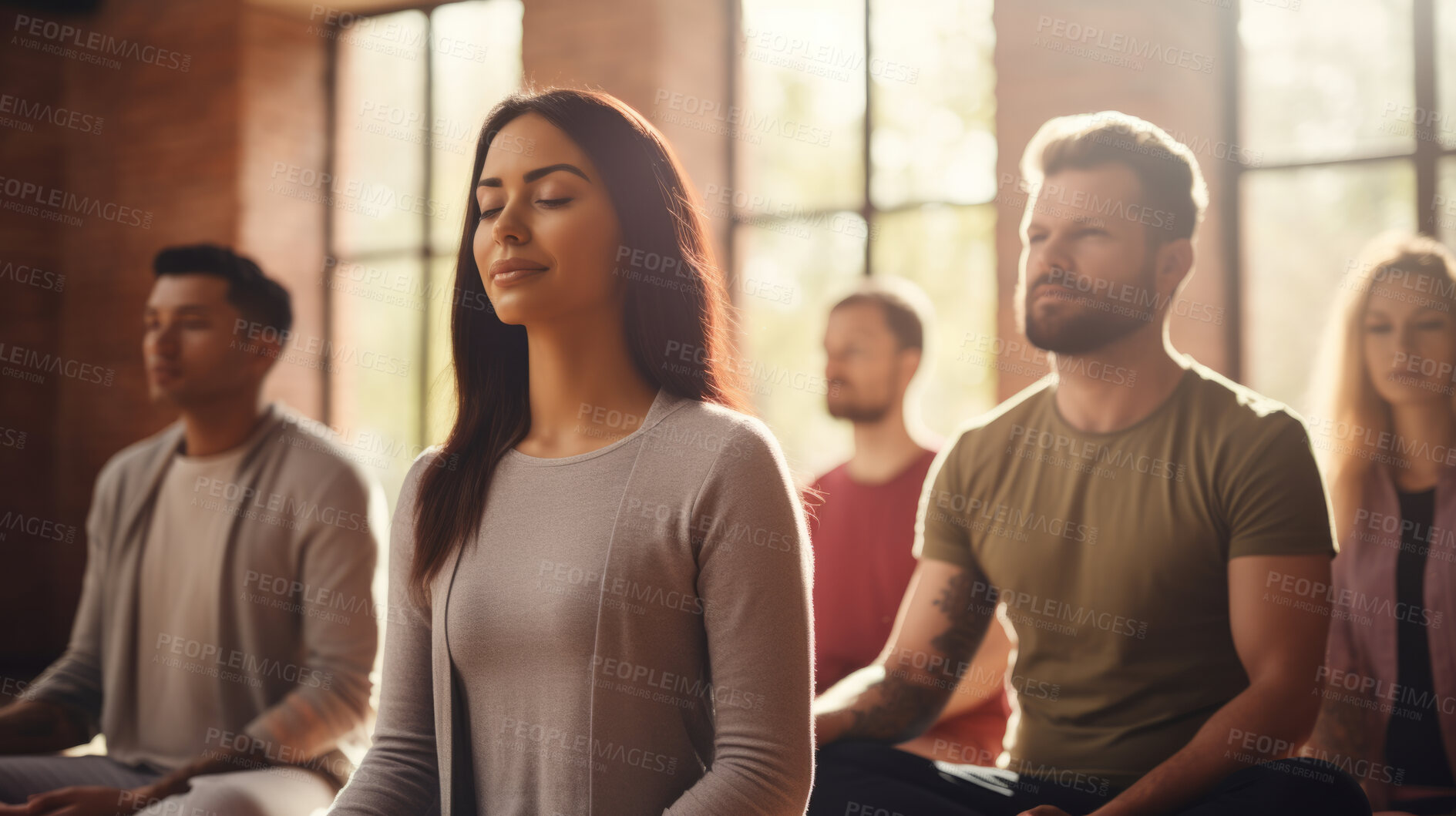 Buy stock photo Group, diverse and meditation in a studio for mindfulness practise and spirituality. People sitting, deep breathing and religion for mental health, burnout, zen, calm and stress free lifestyle. Mind, body, soul