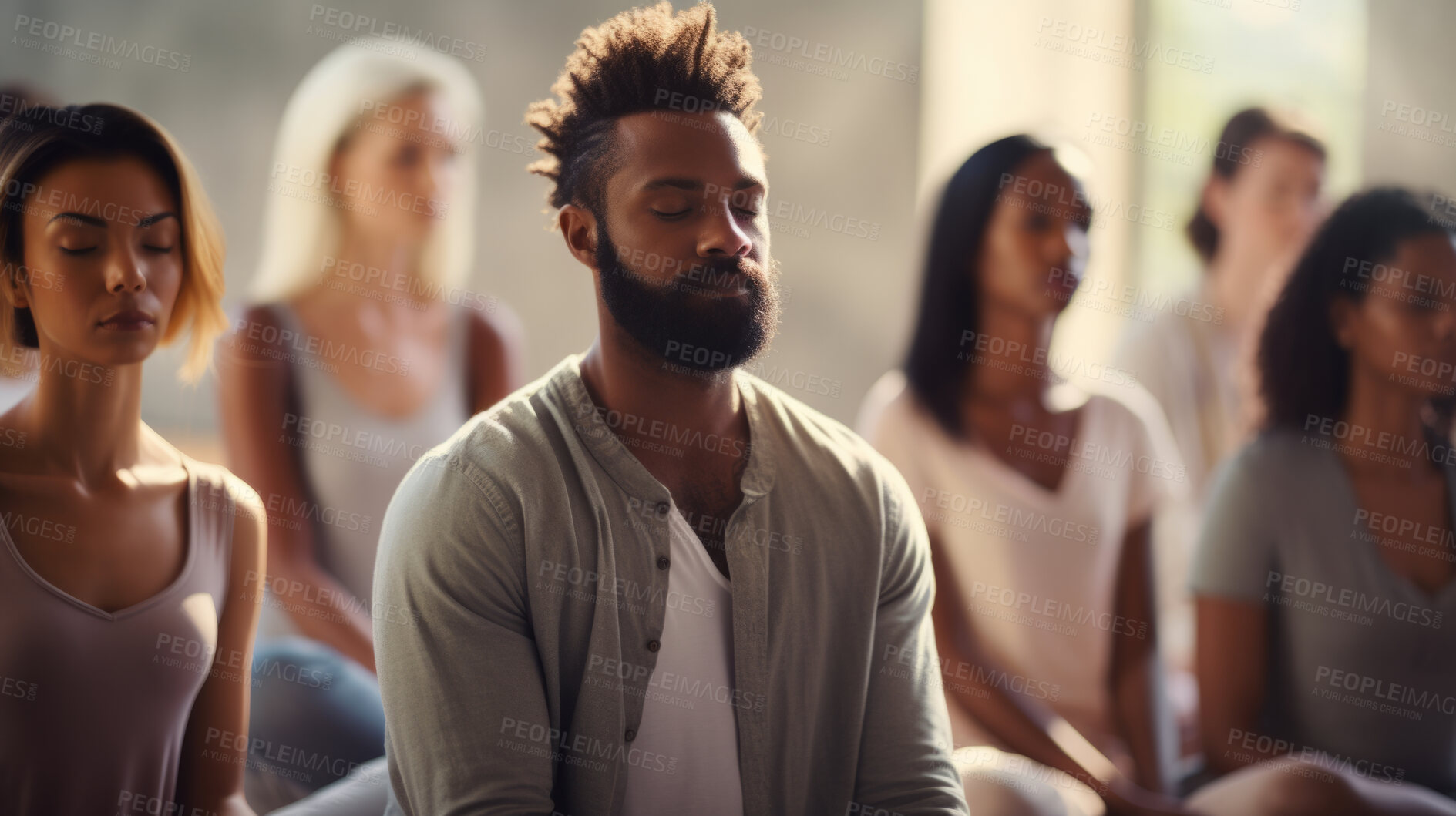 Buy stock photo Group, diverse and meditation in a studio for mindfulness practise and spirituality. People sitting, deep breathing and religion for mental health, burnout, zen, calm and stress free lifestyle. Mind, body, soul