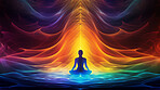 Silhouette, energy and meditation on colorful background or wallpaper, for mindfulness and spirituality chakra. Enlightenment, peaceful and religion practise for mental health, zen and stress free