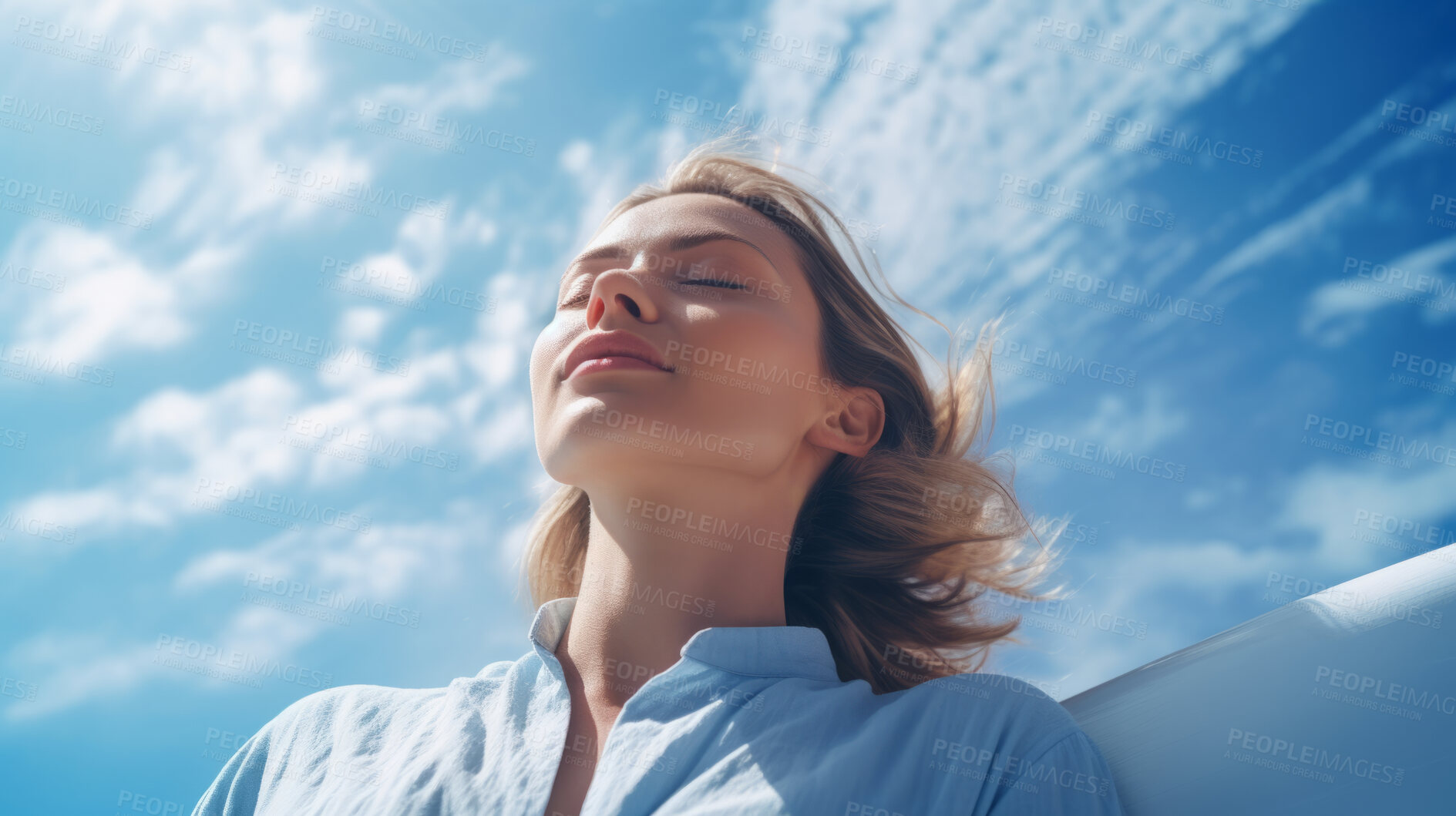 Buy stock photo Woman, deep breathing and meditation in nature and blue sky for mindfulness and spirituality. Serene, peaceful and stress free for mental health wellbeing, religion and worship practise