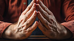 Man, Prayer worship, christian and meditation close-up at morning, for mindfulness and spirituality worship. Prayer hands, peaceful and religion practise calming for mental health, zen and stress free