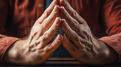 Man, Prayer worship, christian and meditation close-up at morning, for mindfulness and spirituality worship. Prayer hands, peaceful and religion practise calming for mental health, zen and stress free