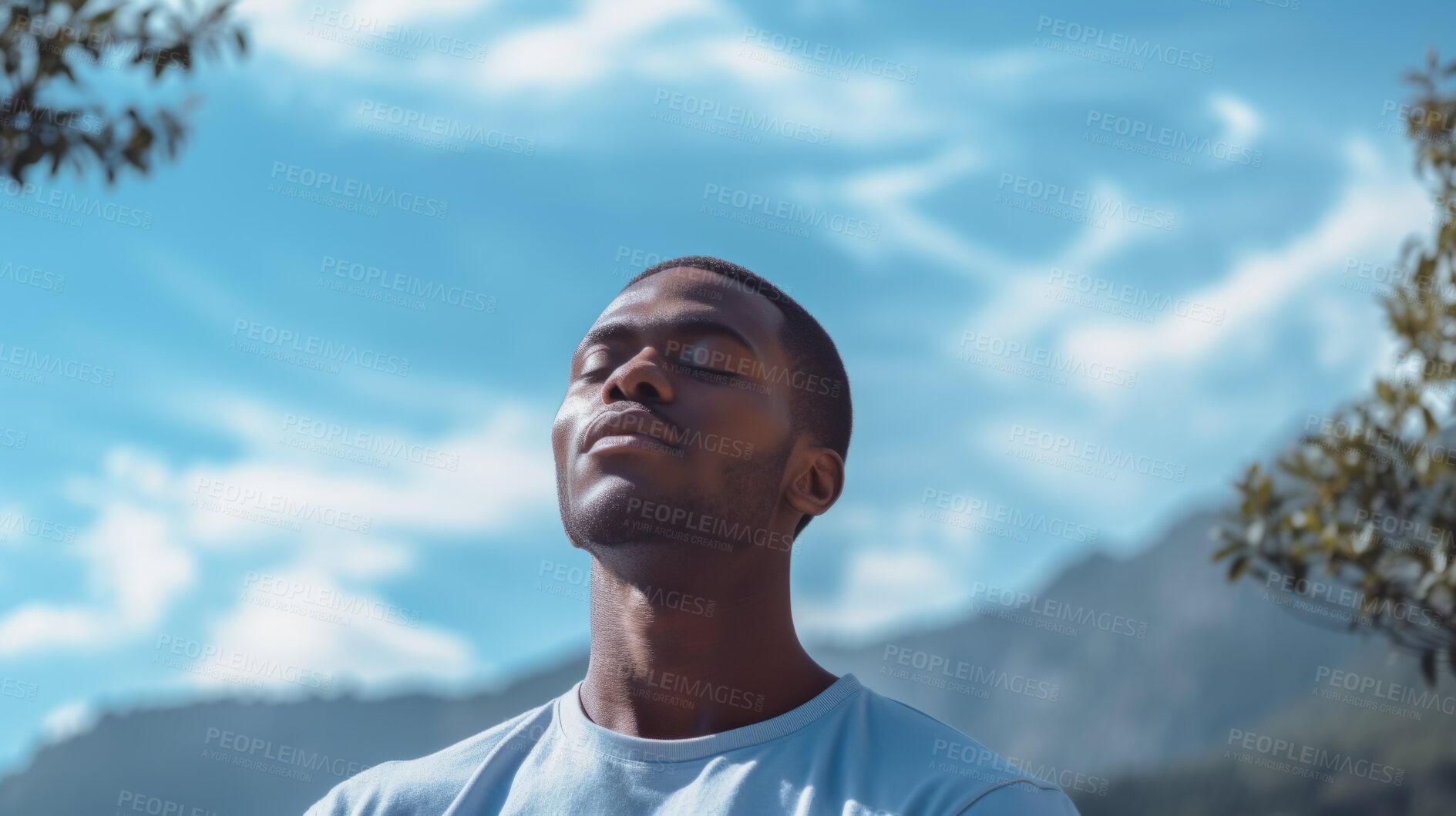 Buy stock photo Man, deep breathing and meditation in nature and blue sky for mindfulness and spirituality. Serene, peaceful and stress free for mental health wellbeing, religion and worship practise