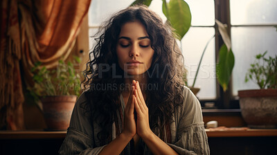 Woman, Hispanic and meditation in bedroom at sunset or sunrise, for mindfulness and spirituality worship. Prayer hands, peaceful and religion practise calming for mental health, zen and stress free