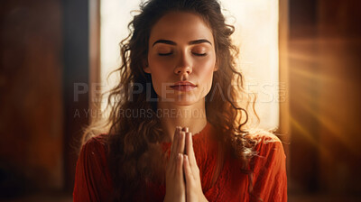 Woman, Hispanic and meditation in bedroom at sunset or sunrise, for mindfulness and spirituality worship. Prayer hands, peaceful and religion practise calming for mental health, zen and stress free