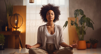Woman, meditation and practise at home for mindfulness and spirituality worship. Sitting position, deep breathing and religion for mental health, zen and stress free lifestyle
