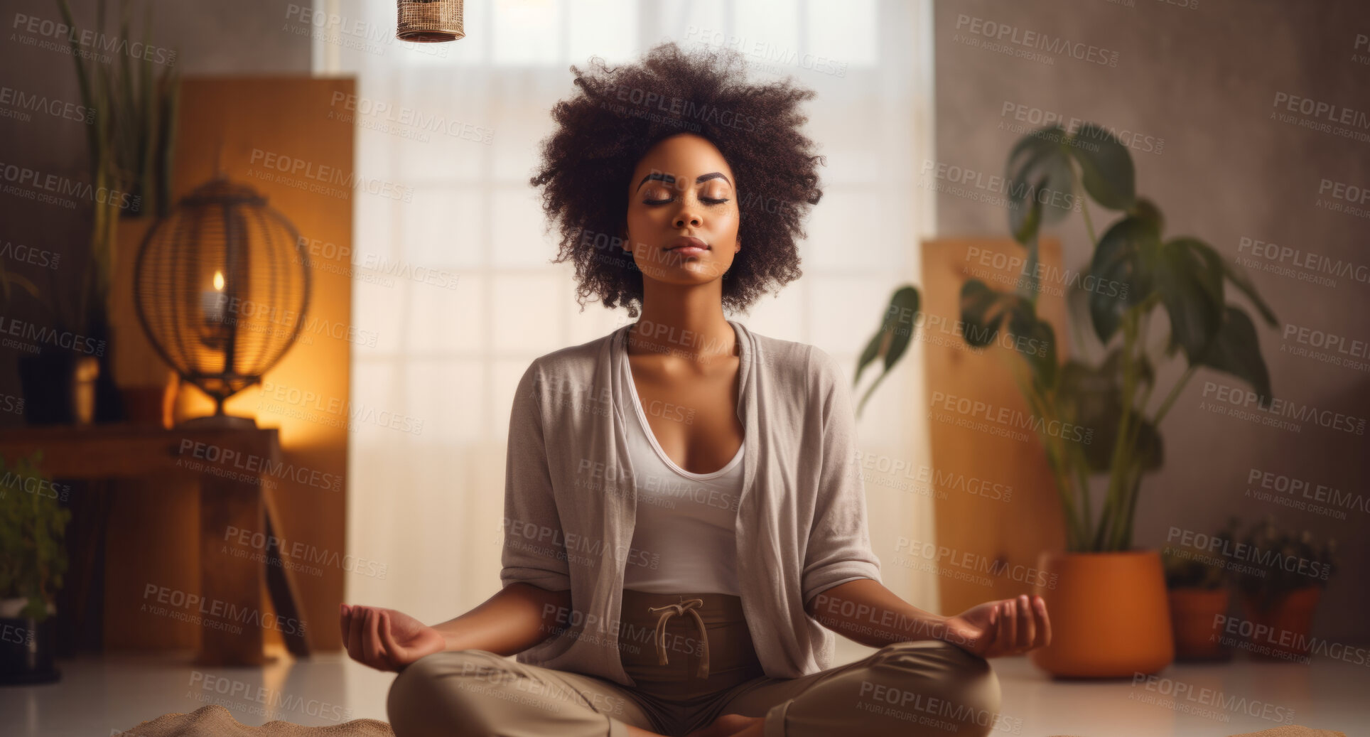 Buy stock photo Woman, meditation and practise at home for mindfulness and spirituality worship. Sitting position, deep breathing and religion for mental health, zen and stress free lifestyle