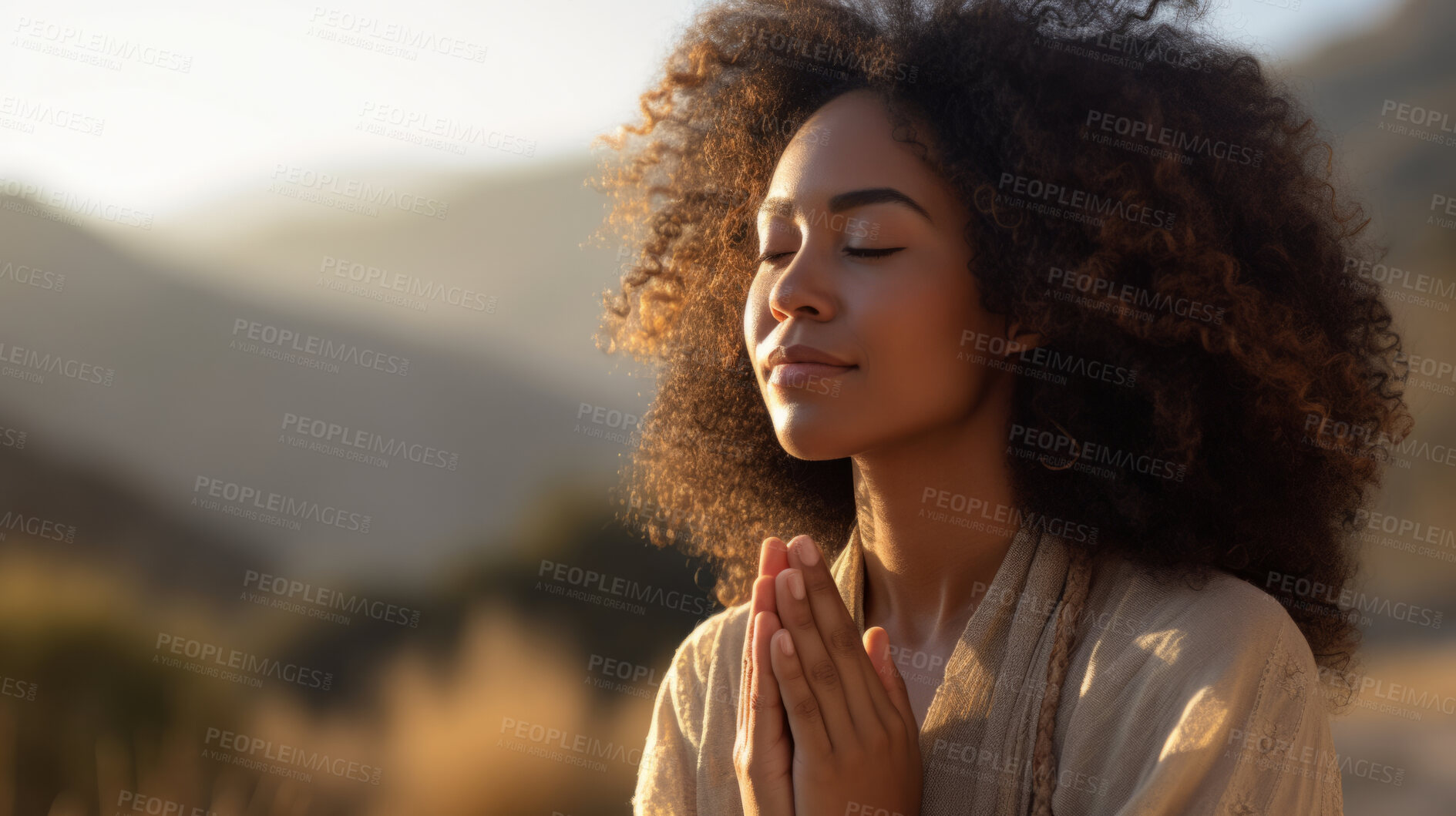 Buy stock photo Woman, African and meditation in nature at sunset or sunrise, for mindfulness and spirituality worship. Prayer hands, peaceful and religion practise with view for mental health, zen and stress free