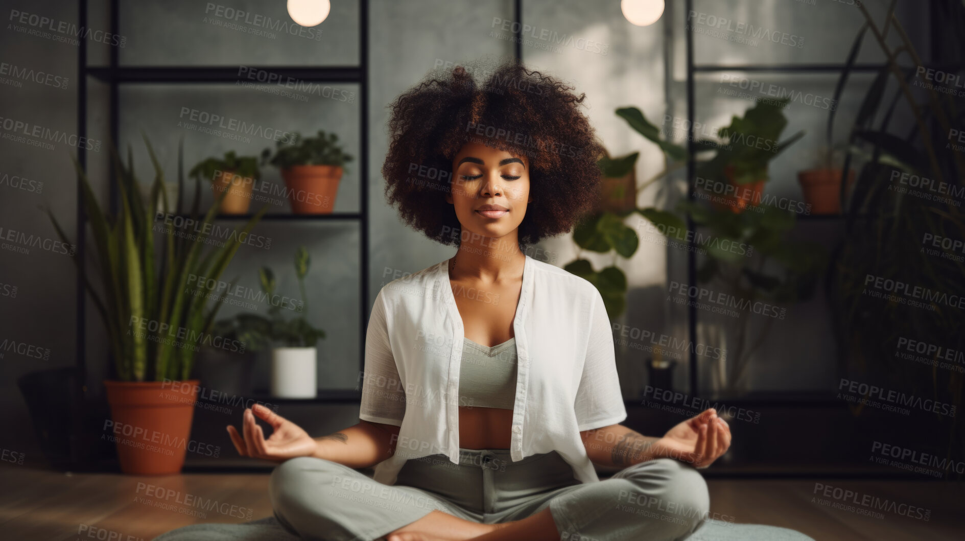 Buy stock photo Woman, meditation and practise at home for mindfulness and spirituality worship. Sitting position, deep breathing and religion for mental health, zen and stress free lifestyle