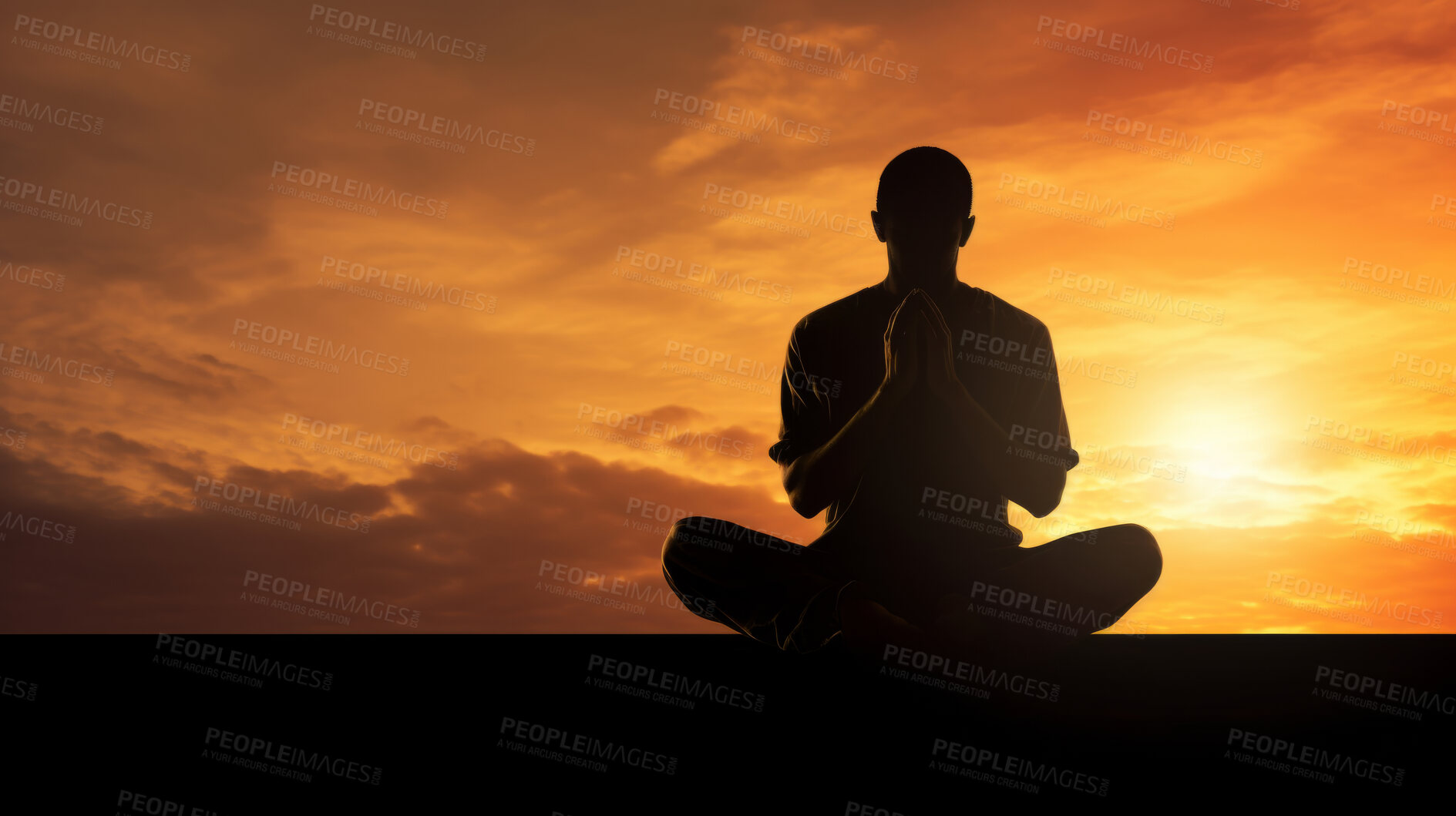 Buy stock photo Man, silhouette and meditation in nature at sunset or sunrise, for mindfulness and spirituality worship. Prayer hands, peaceful and religion practise with view for mental health, zen and stress free