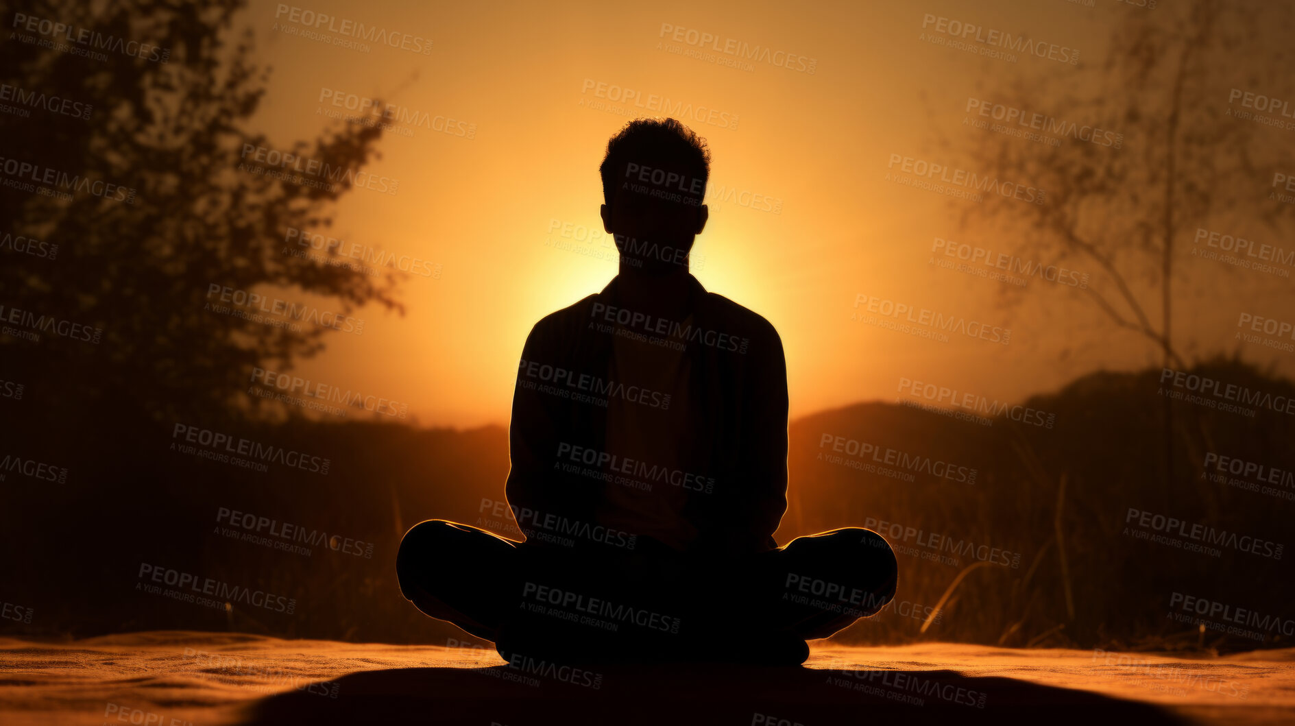 Buy stock photo Man, silhouette and meditation in nature at sunset or sunrise, for mindfulness and spirituality worship. Prayer hands, peaceful and religion practise with view for mental health, zen and stress free