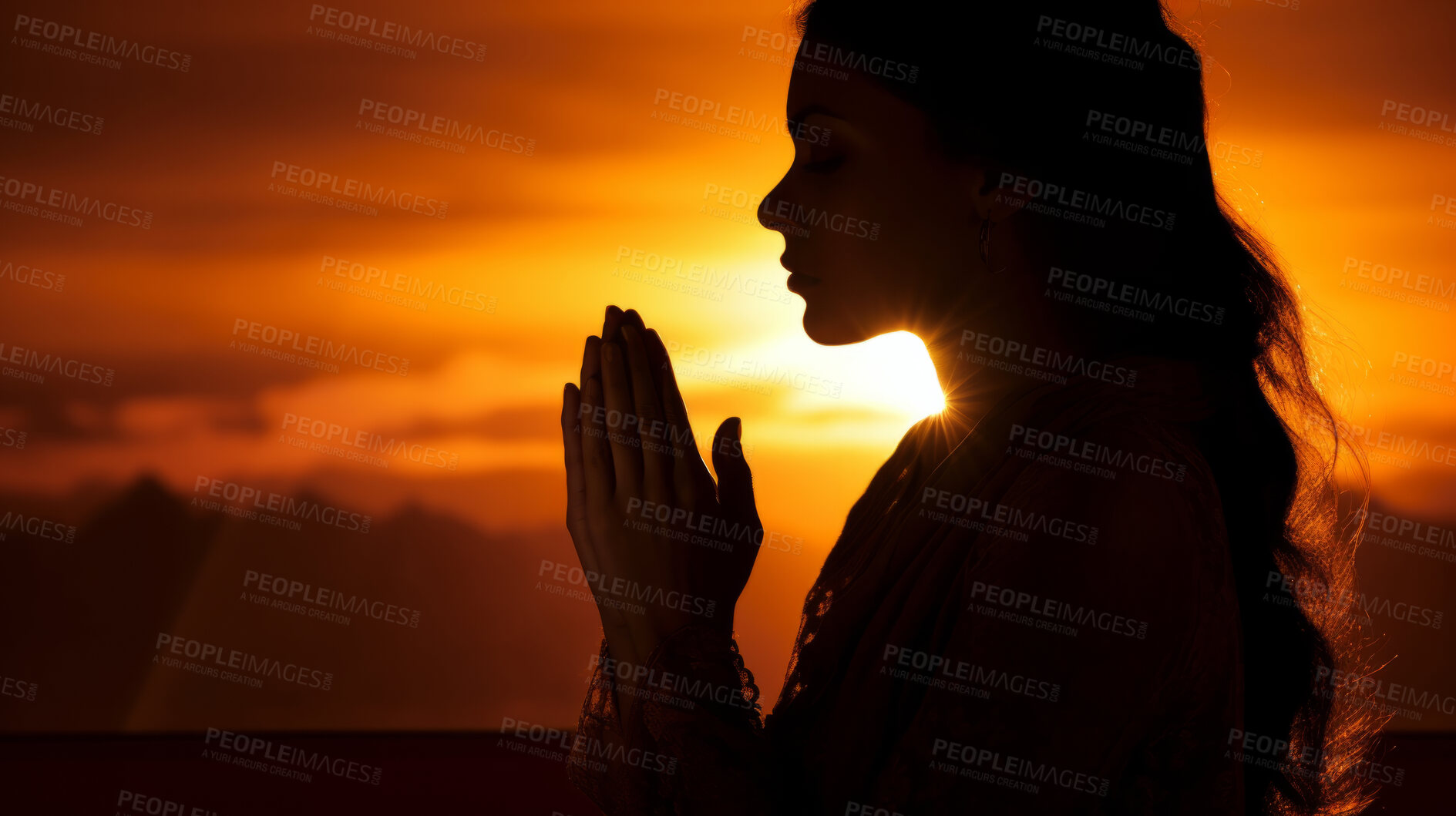 Buy stock photo Woman, silhouette and meditation in nature at sunset or sunrise, for mindfulness and spirituality worship. Prayer hands, peaceful and religion practise with view for mental health, zen and stress free