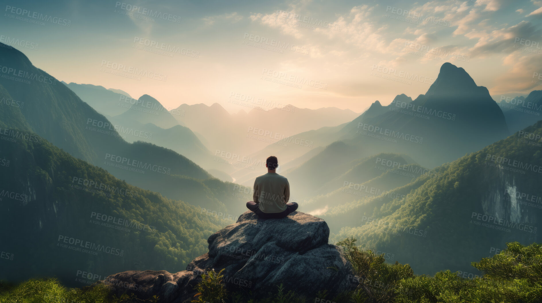 Buy stock photo Meditation, landscape and man sitting on mountain top for mindfulness and spirituality. Peaceful, stress free and focus in nature with view, for mental health, zen and meditating practise