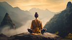 Meditation, landscape and woman sitting on mountain top for mindfulness and spirituality. Peaceful, stress free and focus in nature with view, for mental health, zen and meditating practise