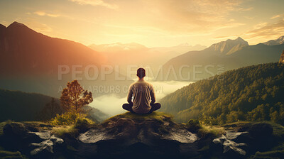Buy stock photo Meditation, landscape and man sitting on mountain top for mindfulness and spirituality. Peaceful, stress free and focus in nature with view, for mental health, zen and meditating practise