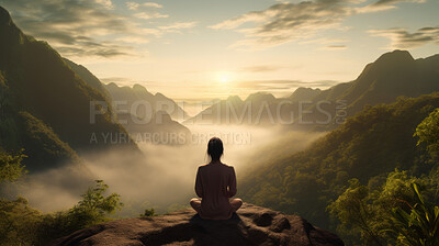 Meditation, landscape and woman sitting on mountain top for mindfulness and spirituality. Peaceful, stress free and focus in nature with view, for mental health, zen and meditating practise