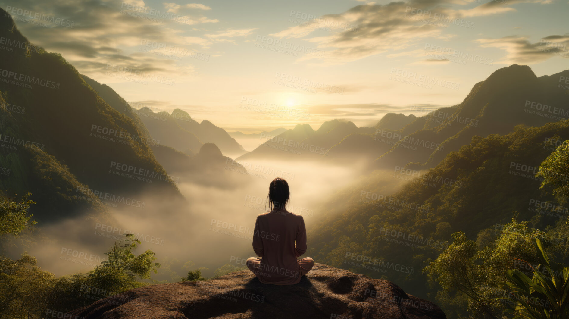 Buy stock photo Meditation, landscape and woman sitting on mountain top for mindfulness and spirituality. Peaceful, stress free and focus in nature with view, for mental health, zen and meditating practise