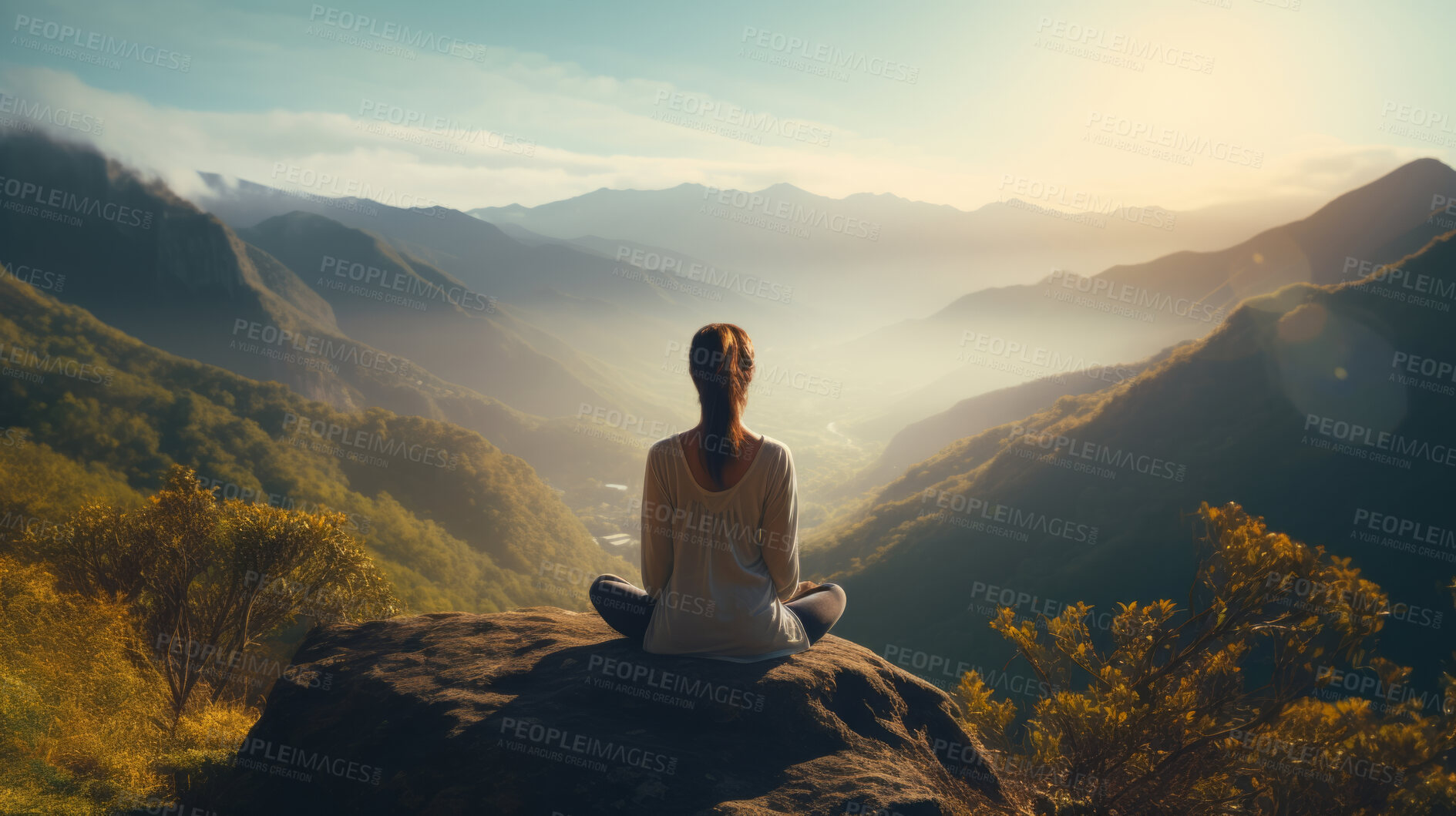 Buy stock photo Meditation, landscape and woman sitting on mountain top for mindfulness and spirituality. Peaceful, stress free and focus in nature with view, for mental health, zen and meditating practise