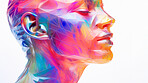 Poly, abstract, digital woman face on a white background for design, 3D render or art. Face, plexus design and connection points for science, network and artificial intelligence concept