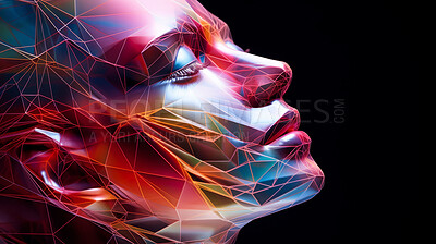 Poly, abstract, digital woman face on a black background for design, 3D render or art. Face, plexus design and connection points for science, network and artificial intelligence concept