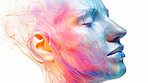 Poly, abstract, digital woman face on a white background for design, 3D render or art. Face, plexus design and connection points for science, network and artificial intelligence concept