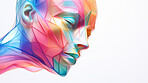 Poly, abstract, digital woman face on a white background for design, 3D render or art. Face, plexus design and connection points for science, network and artificial intelligence concept