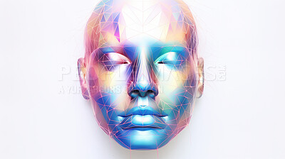 Poly, abstract, digital woman face on a white background for design, 3D render or art. Face, plexus design and connection points for science, network and artificial intelligence concept