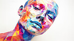 Poly, abstract, digital woman face on a white background for design, 3D render or art. Face, plexus design and connection points for science, network and artificial intelligence concept