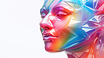 Poly, abstract, digital woman face on a white background for design, 3D render or art. Face, plexus design and connection points for science, network and artificial intelligence concept