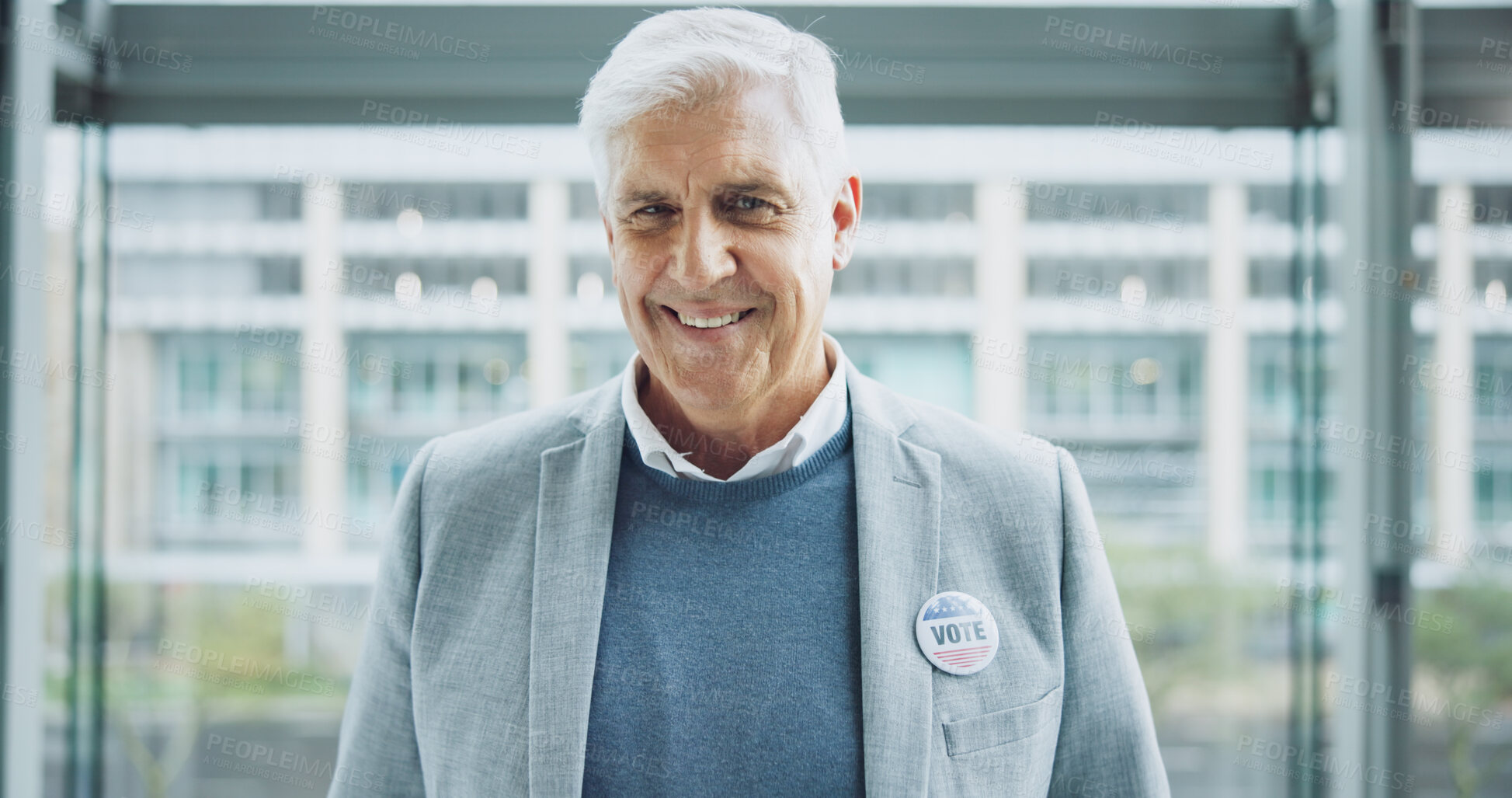 Buy stock photo Senior man, vote sticker and portrait for election, positive and candidate for america, government and politics. Democracy, voter choice and support for party, registration and badge for voting
