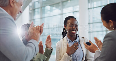 Buy stock photo Woman, team and clapping for success, promotion and bonus at work, good news and announcement. Happy black person, wow and celebration for achievement, growth and support for opportunity by applause