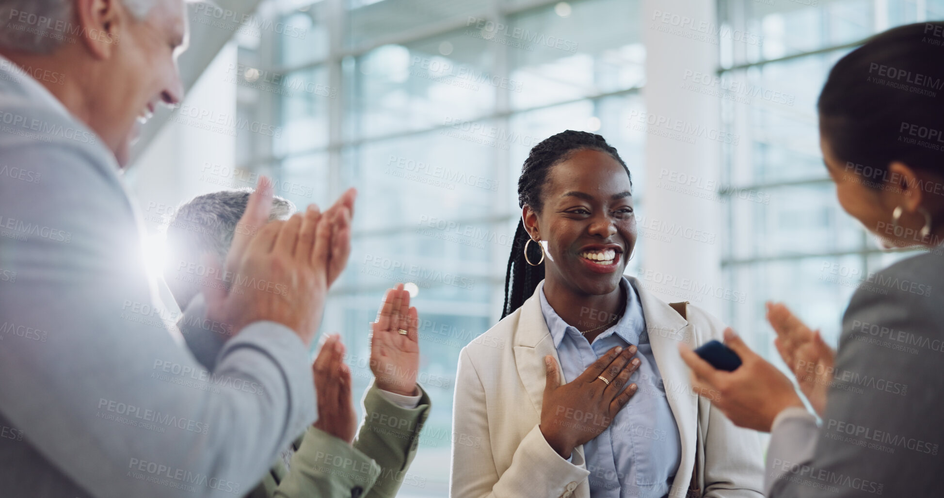 Buy stock photo Woman, team and clapping for success, promotion and bonus at work, good news and announcement. Happy black person, wow and celebration for achievement, growth and support for opportunity by applause