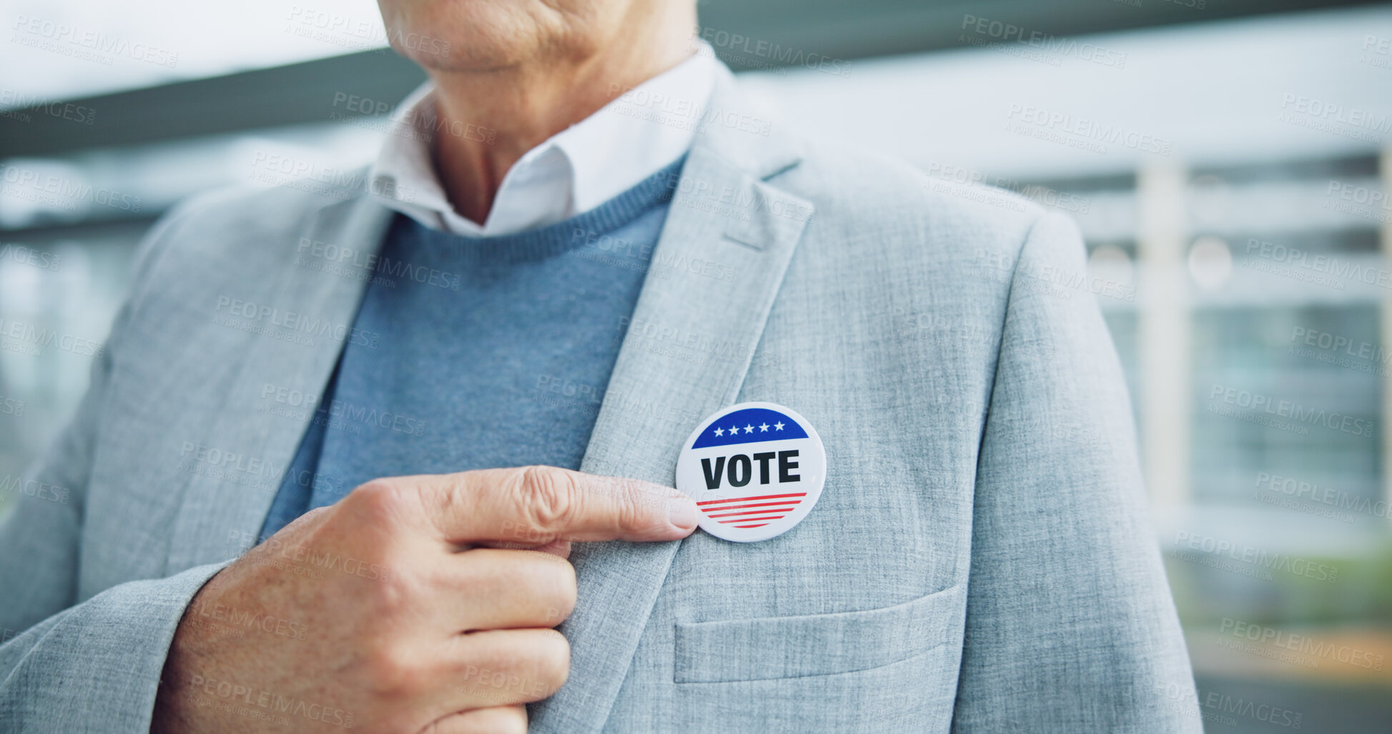 Buy stock photo Man, hand and election vote sticker for president party cast, poll station choice or government selection. Male person, finger point at badge for politics decision support, process or usa opinion