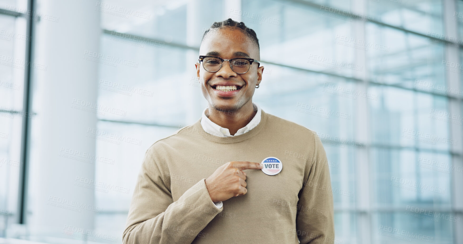 Buy stock photo Man, portrait and badge for vote, smile and confidence or button, proud and choice in politics. Black person, happy and support for elections, democracy and party in registration for human rights