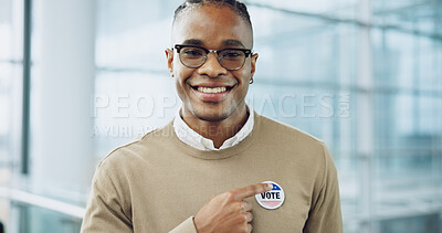 Buy stock photo Man, vote and portrait for election, pointing and badge for support, government and politics. Democracy, voter choice and representative for party, registration and sticker for voting register
