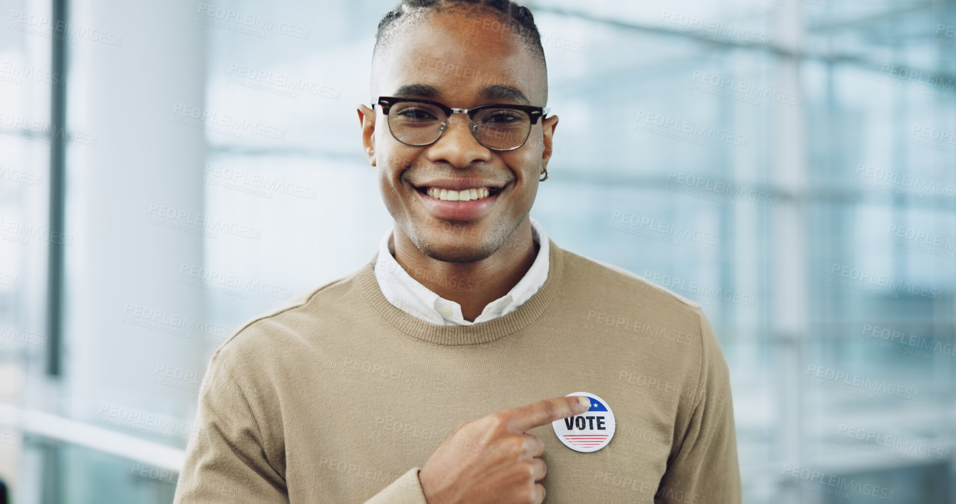 Buy stock photo Man, vote and portrait for election, pointing and badge for support, government and politics. Democracy, voter choice and representative for party, registration and sticker for voting register
