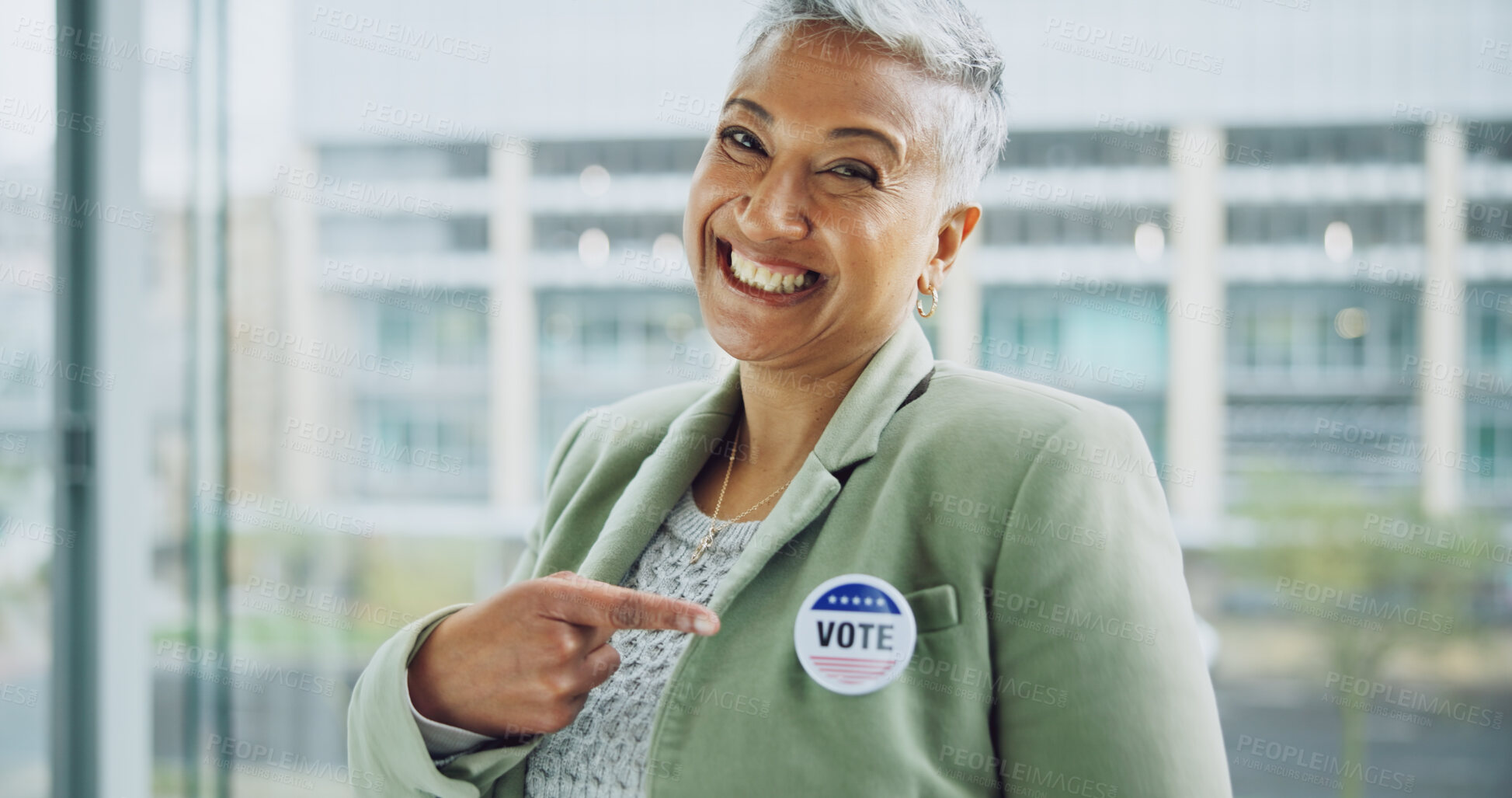 Buy stock photo Woman, vote and portrait for politics, pointing and badge for support, government and member. Elections, voter choice and representative for democracy, registration and sticker for voting register
