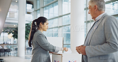 Buy stock photo Vote, ballot and woman at a voting booth for transformation, choice or social change. Politics, government and female voter with support, decision or public opinion at a poll station box for election