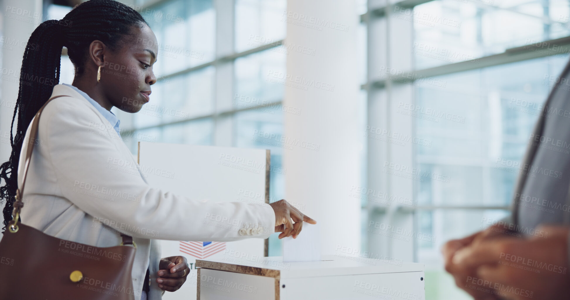 Buy stock photo Ballot, vote and black woman at voting booth for transformation, choice or social change. Politics, government and voter with support, decision or public opinion at a poll station box for election