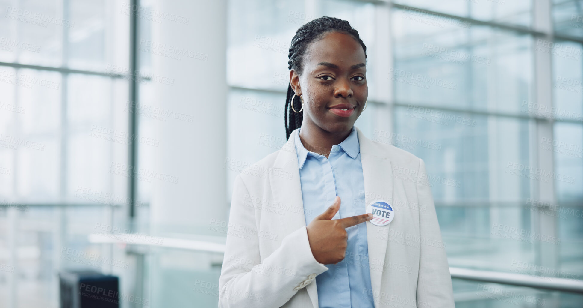 Buy stock photo Woman, portrait and badge for vote, pointing and confidence or button, proud and choice in politics. Black person, pin and support for elections, democracy and party in registration for human rights