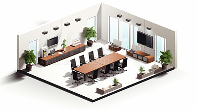 Buy stock photo Office boardroom, 3D render or professional space for work, planning strategy or interior concept in business. Cubicle, artwork, working space for job, job or virtual reality game application