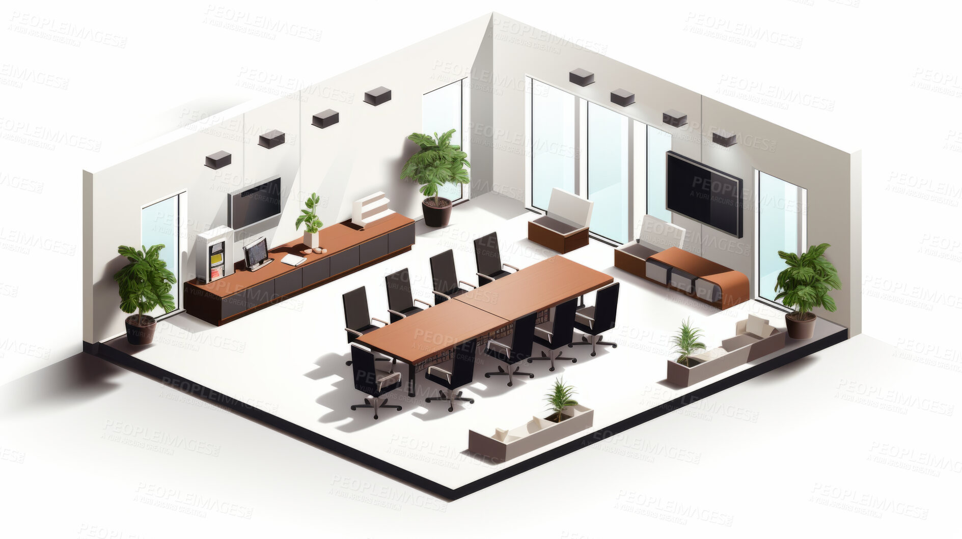 Buy stock photo Office boardroom, 3D render or professional space for work, planning strategy or interior concept in business. Cubicle, artwork, working space for job, job or virtual reality game application