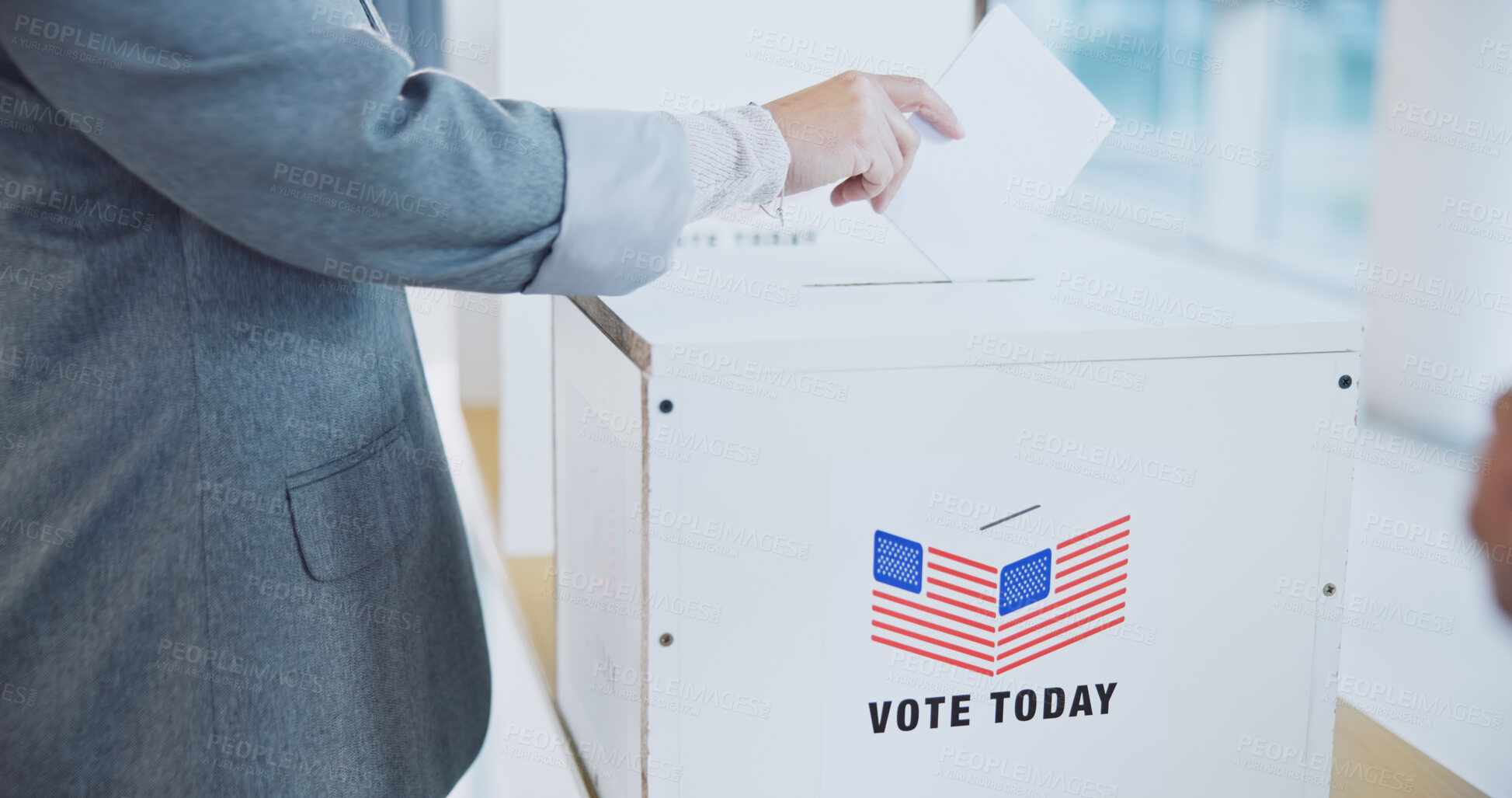 Buy stock photo Hand, usa and president election or ballot paper document at poll station, government or choice. Man, fingers and opinion at booth for American campaign or democracy day change, patriotic or vote box