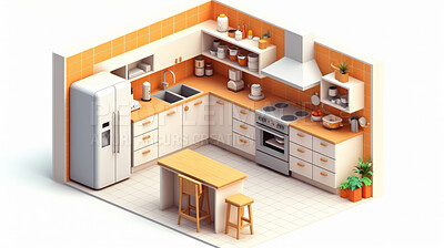 Buy stock photo Kitchen, 3D render or room design furniture for cooking, 3d model or interior concept and kitchenware in home. Cubic, artwork or illustration for virtual reality game application with furniture or remodelling