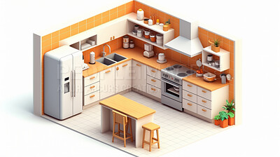 Kitchen, 3D render or room design furniture for cooking, 3d model or interior concept and kitchenware in home. Cubic, vector or illustration for virtual reality game application with furniture or remodelling