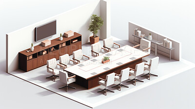 Buy stock photo Office boardroom, 3D render or professional space for work, planning strategy or interior concept in business. Cubicle, artwork, working space for job, job or virtual reality game application