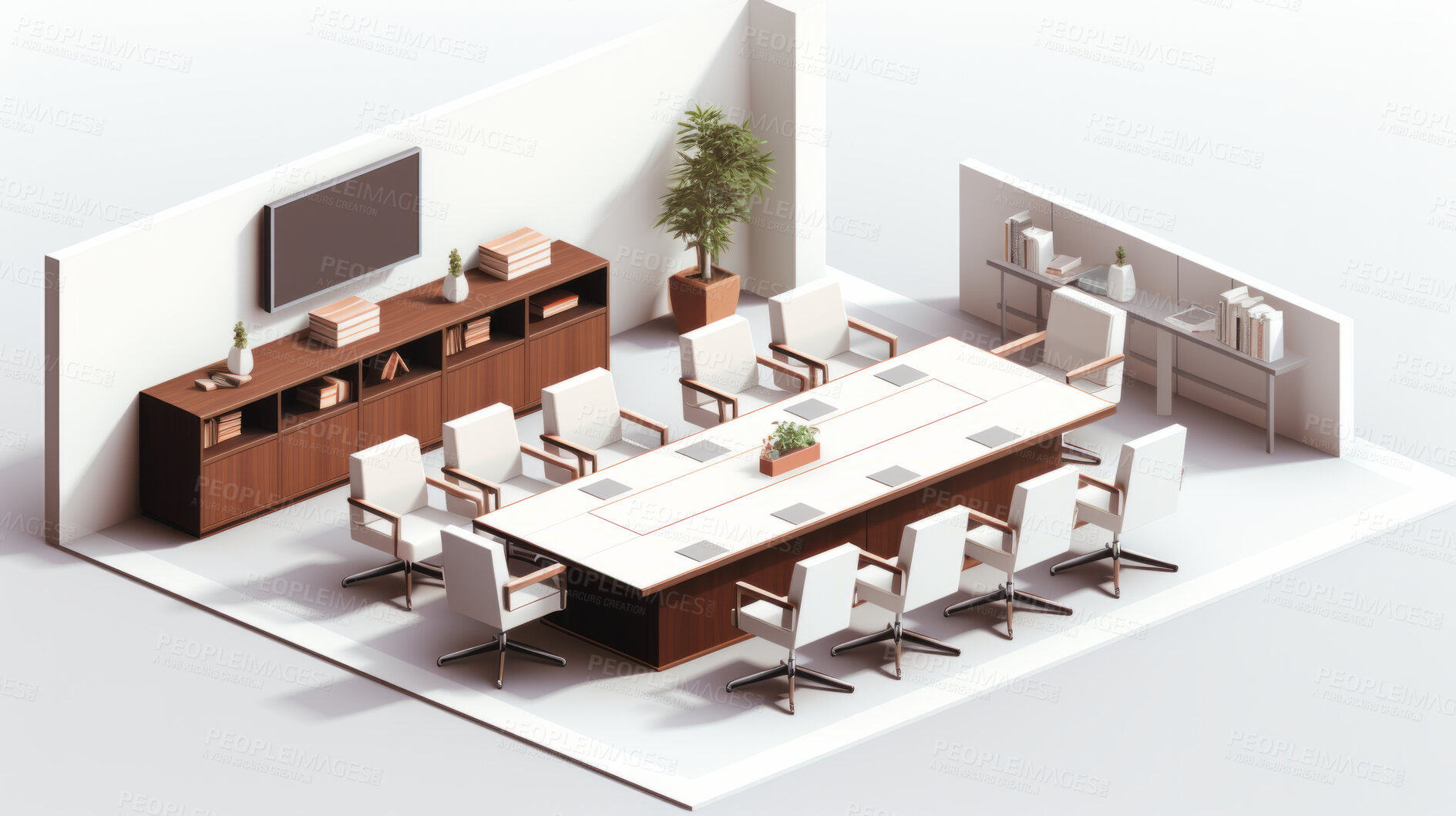 Buy stock photo Office boardroom, 3D render or professional space for work, planning strategy or interior concept in business. Cubicle, artwork, working space for job, job or virtual reality game application