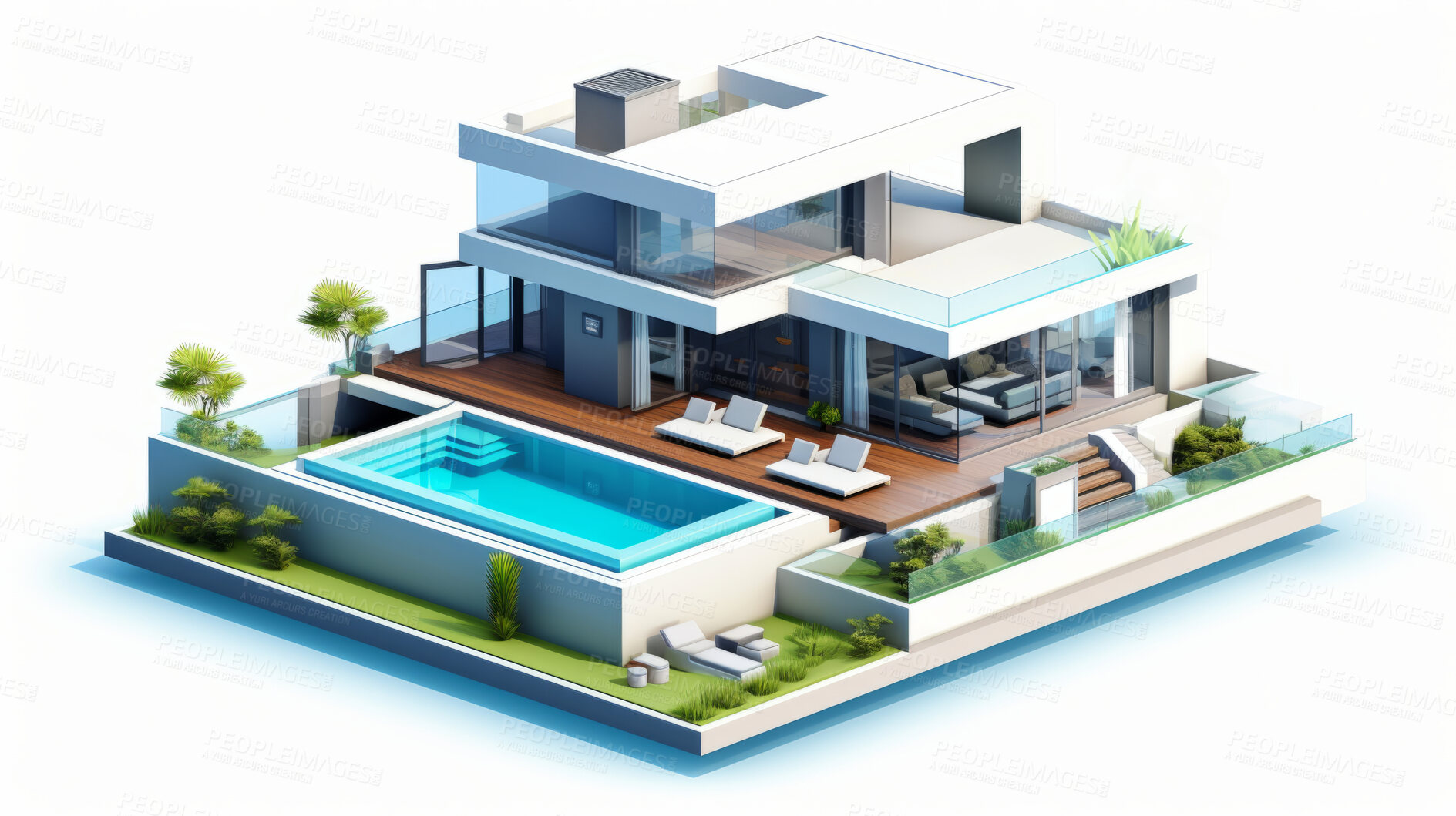 Buy stock photo Luxury home, 3D render or architecture for holiday or leisure, 3d model or exterior concept of home. Cubic, artwork or illustration for virtual reality game application with furniture or remodelling